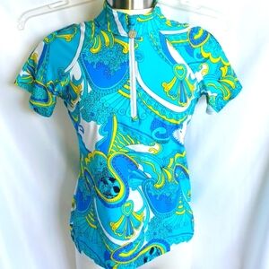 TZU TZU Golf Top, Turquoise Paisley, Sz S, 18" PTP, 22"L